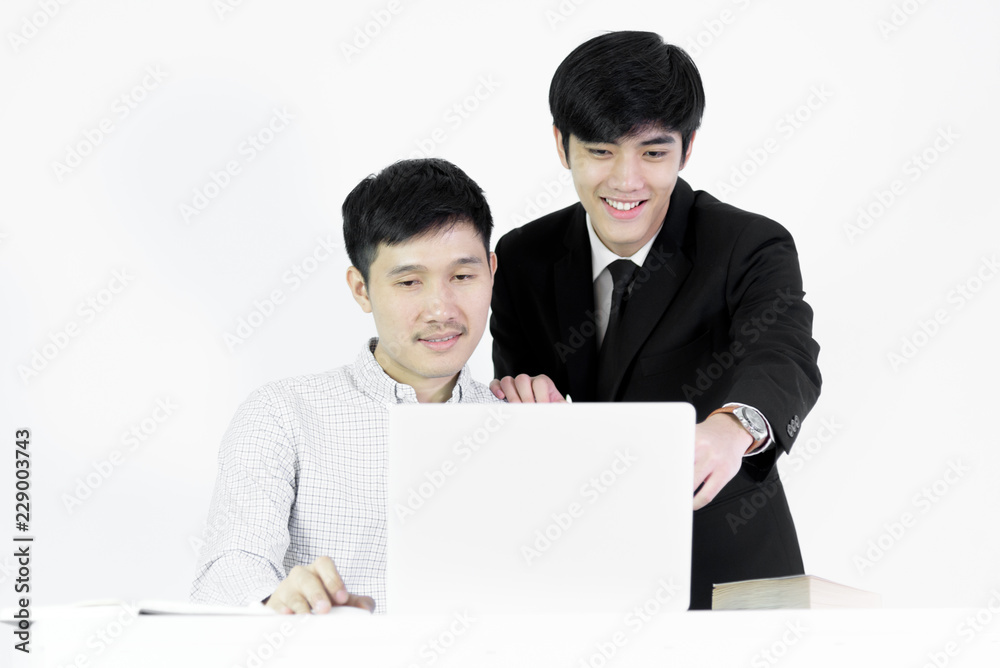 Asian manger businessman and employee salary man has working together with feeling happy and success, isolated on white background. Asian manger businessman and employee salary man has working together with feeling happy and success, isolated on white background.