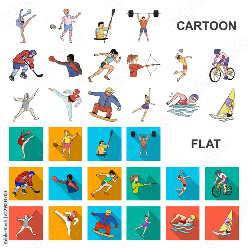 Different kinds of sports cartoon icons in set collection for design. Athlete, competitions vector symbol stock web illustration.