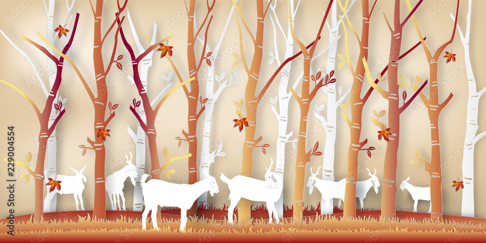 Paper art of goats in the autumn season with nature maple leaf and trees background as digital craft style concept. vector illustration