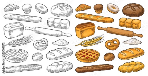 Set bread. Vector black vintage engraving illustration