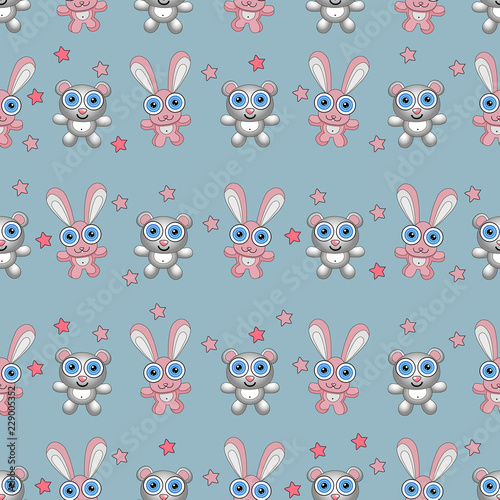 Baby toys seamless pattern. Teddy bear and bunny. Child concept clothes texture. photo