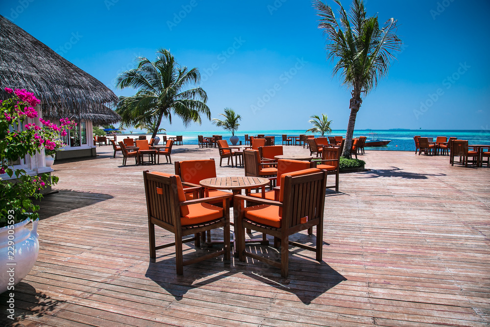 Caffe on tropical amazing vibrant beach in Maldives.