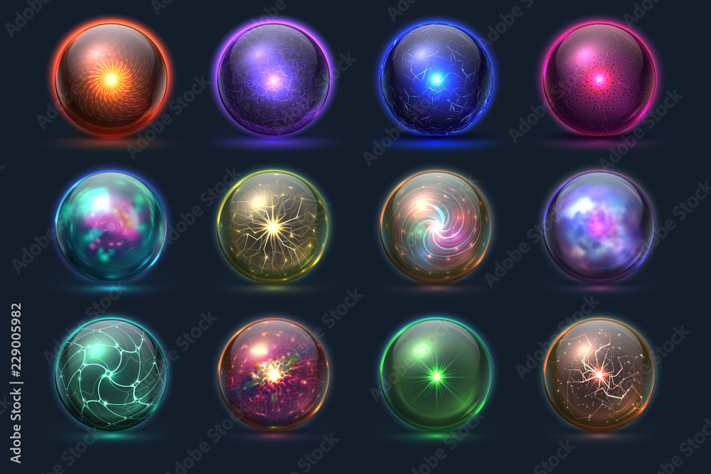 Magic balls. Energy mysterious orbs, magical crystal glass prediction