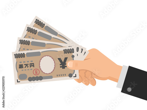 Hand holds money japanese yen 10000 banknotes. Business concept. Isolated on white background. Flat style. Vector illustration.