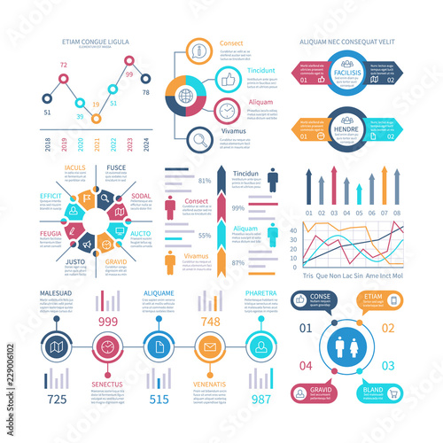Infographic charts. Infochart elements, marketing chart and graphs, bar diagrams. Step and option process graph and timeline vector set. Illustration of chart and graph bar, infographic and infochart