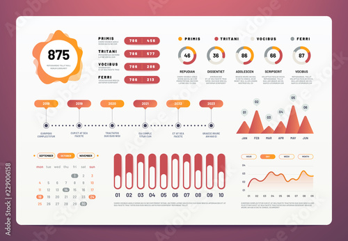 Infographics dashboard. Modern ui with statistics graphs, pie charts, workflow info chart. Website analytics vector template infographic and infochart, data marketing panel interface illustration