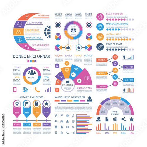 Infographic template. Financial investment graphs, process timeline organization flowchart. Infographics vector elements for report. Illustration of process timeline financial, diagram infochart