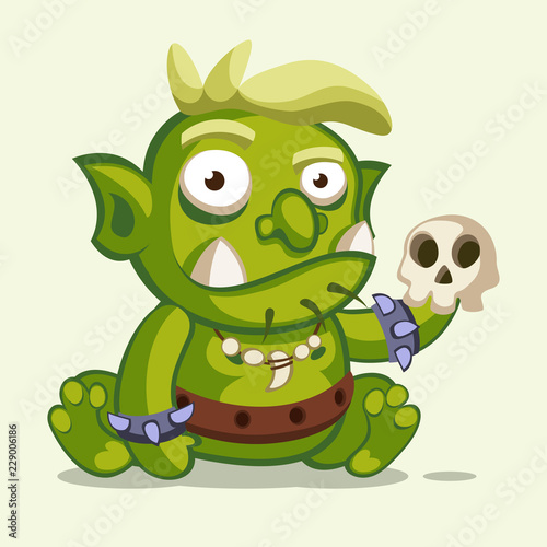 Illustration of a sitting little green ogre with blond hair and a skull in arm