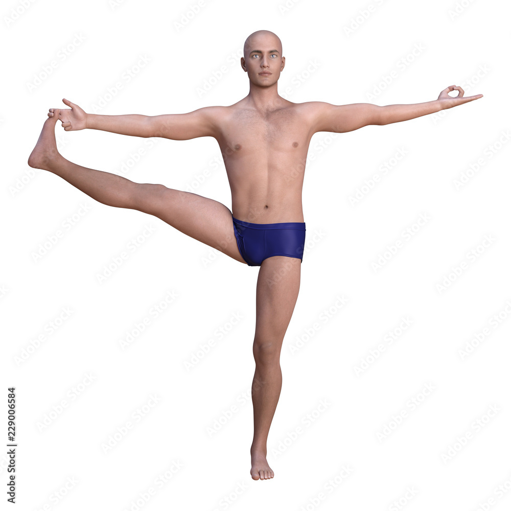 Yoga man in utthita hasta padangusthasana or extended hand-to-big-toe pose. Square 3d render isolated on white. Yoga man in utthita hasta padangusthasana or extended hand-to-big-toe pose. Square 3d render isolated on white.