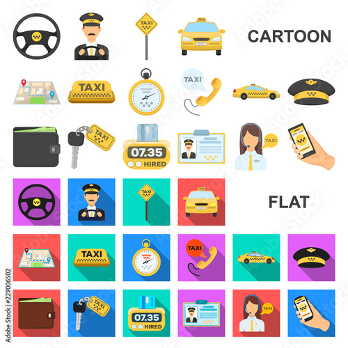 Taxi service cartoon icons in set collection for design. Taxi driver and transport vector symbol stock web illustration.
