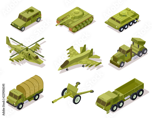 Armor weapon collection. Helicopter and cannon, volley fire system and infantry fighting vehicle, tank armored truck. Isometric vector. Army artillery, helicopter military and tank illustration