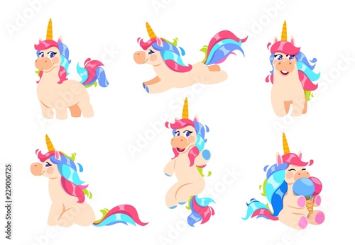 Cute unicorns. Cartoon fairy pony  magic baby horse animal. Fairytale vector characters. Illustration of magic pony with horn and colored mane
