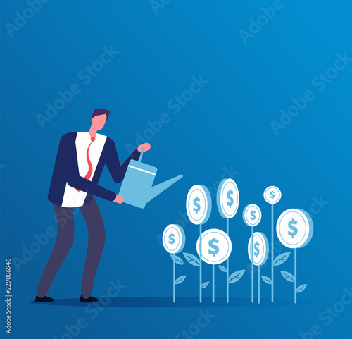 Investment business concept. Happy investor grows money investments. Business opportunity finance vector background. Illustration of money watering, investment finance, growth financial