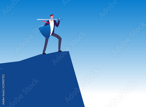 Business warrior. Businessman conqueror with sword on mountain top. Leadership, power and business protection vector concept. Illustration of businessman warrior with sword