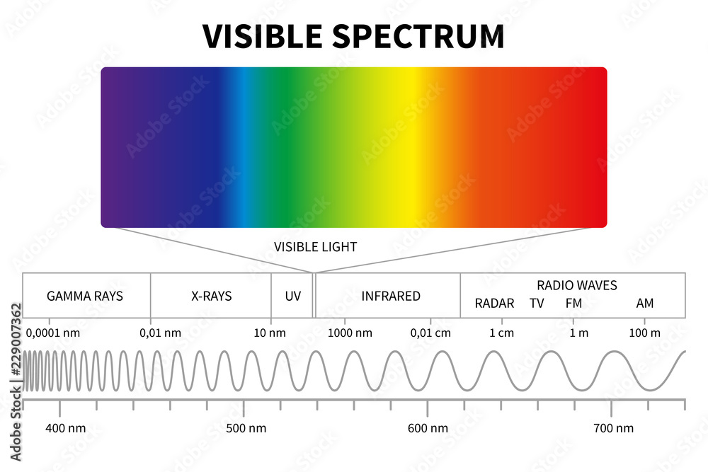 Visible diagram. Color electromagnetic spectrum, light wave frequency. school physics vector background. Illustration of spectrum rainbow, infrared and electromagnetic Stock Vector | Adobe