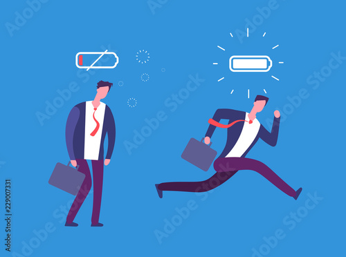 Full of energy and tired businessman. Powerful and flat person with full charge and uncharged battery. Business vector concept. Business man low charge energy, tired male illustration