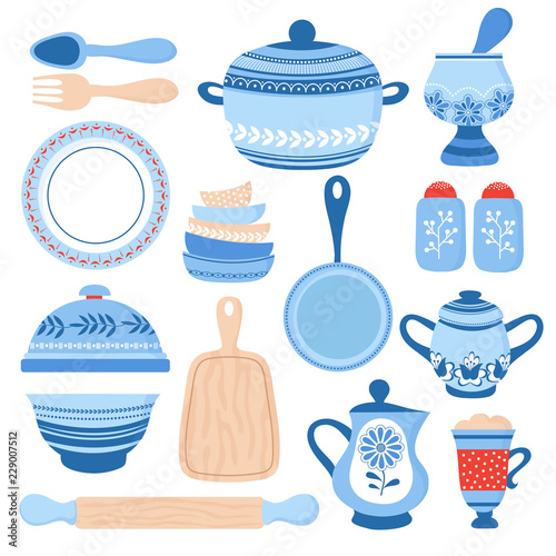 Crockery ceramic cookware. Blue porcelain bowls, dishes and plates. Kitchen tools vector collection. Illustration of cookware and pot, plate and jug illustration