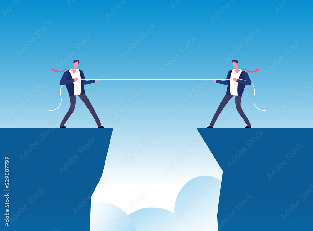 Conflict concept. Businessmen pulling rope over precipice