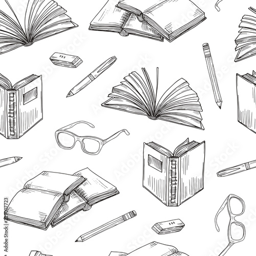 Sketch books seamless pattern. Ebooks reading and writing, school education and library doodle vector background with books pile. Education textbook, book sketch school pattern