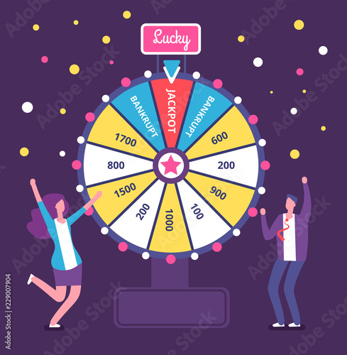Fortune wheel with people. Man and woman spinning roulette wheel. Risk game and casino lottery vector concept. Illustration of winner people woman and man in casino