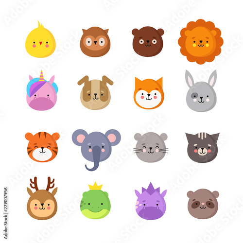 Animals manga smiles. Cute kawaii baby animal emoticons. Unicorn dragon, elephant tiger, lion and owl. Funny avatars vector isolated set. Illustration of animal dog and chick, owl and bear