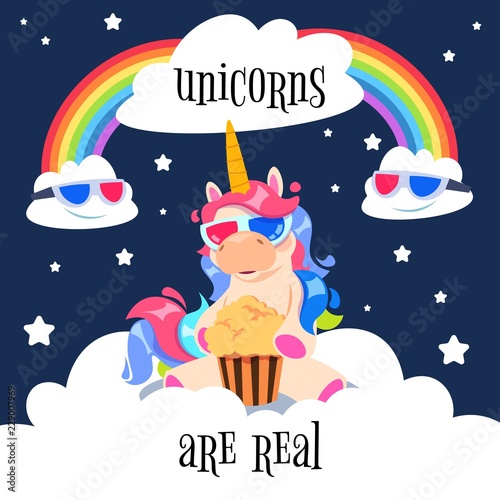 Cute magical unicorn with rainbow. Fantasy pony on clouds. Cartoon unicorn wallpaper vector design. Illustration of unicorn pony, fantasy horse magic for cinema banner