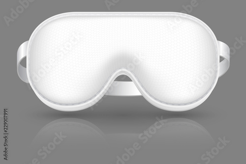 White sleeping mask. Blindfold for airplane relax. Cover on eyes. Realistic vector mockup. Illustration of mask sleep for eye relaxation night in airplane