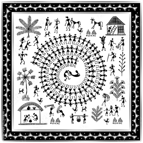 Warli peynting - hand drawn traditional the ancient tribal art India. Pictorial language is matched by a rudimentary technique depicting rural life of the inhabitants of India