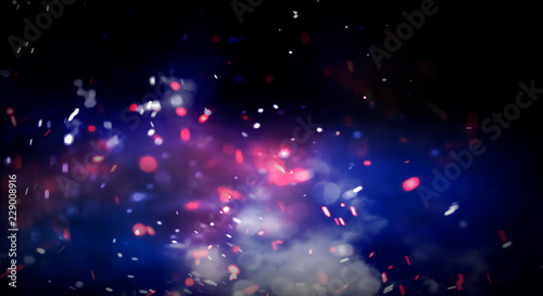 Empty abstract bokeh background and sparkles  sparkles  blur glare  neon light. Festive dark background.