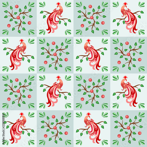 Seamless floral pattern in oriental design style with peacocks and floral elements.