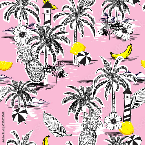Beautiful seamless island pattern. Landscape with palm trees,fruit,hibiscus flower,banana,orange,beach and ocean vector hand drawn style