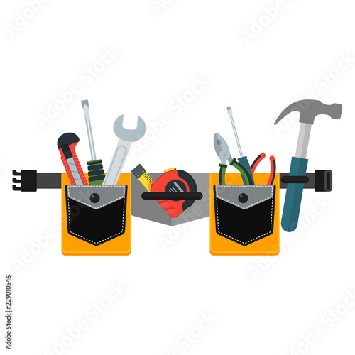 Belt with tools. Conceptual image of tools for repair, construction and builder. Concept image of work wear. Cartoon flat vector illustration. Objects isolated on a background.
