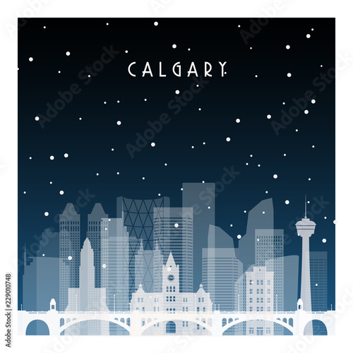 Winter night in Calgary. Night city in flat style for banner, poster, illustration, background.