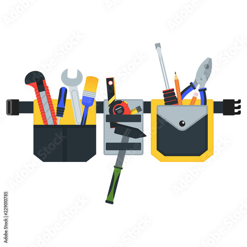 Belt with tools. Conceptual image of tools for repair, construction and builder. Concept image of work wear. Cartoon flat vector illustration. Objects isolated on a background.