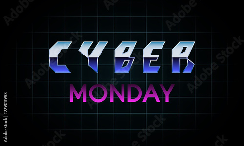 Futuristic Cyber Monday banner design. Neon glowing sign. Vector technology illustration.