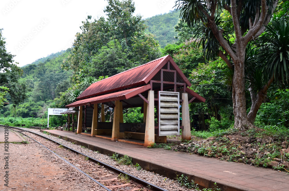 River Kwai train crossing the Wampoo Viaduct on the Death Railway above the River Kwai valley near Nam Tok, Kanchanaburi River Kwai train crossing the Wampoo Viaduct on the Death Railway above the River Kwai valley near Nam Tok, Kanchanaburi