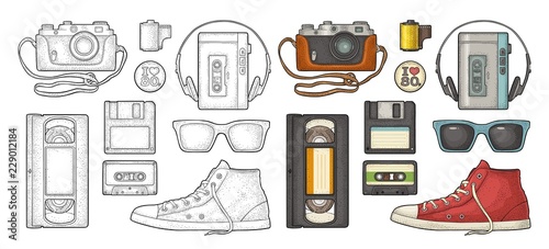 Set retro technology object. Vintage color black engraving illustration