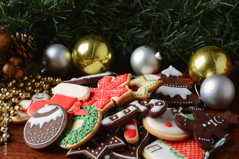 Colorful Christmas cookies with festive decoration