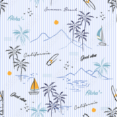 Island seamless pattern in the summer mood with mountain,windsurf,boat,plam trees vector in hand drawn style on stripe design for fashion,fabric,and all prints