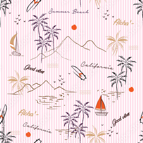 Sweet summer mood island with palm tree,boat,mountain in hand drawn style pattern vector on light pink stripe design