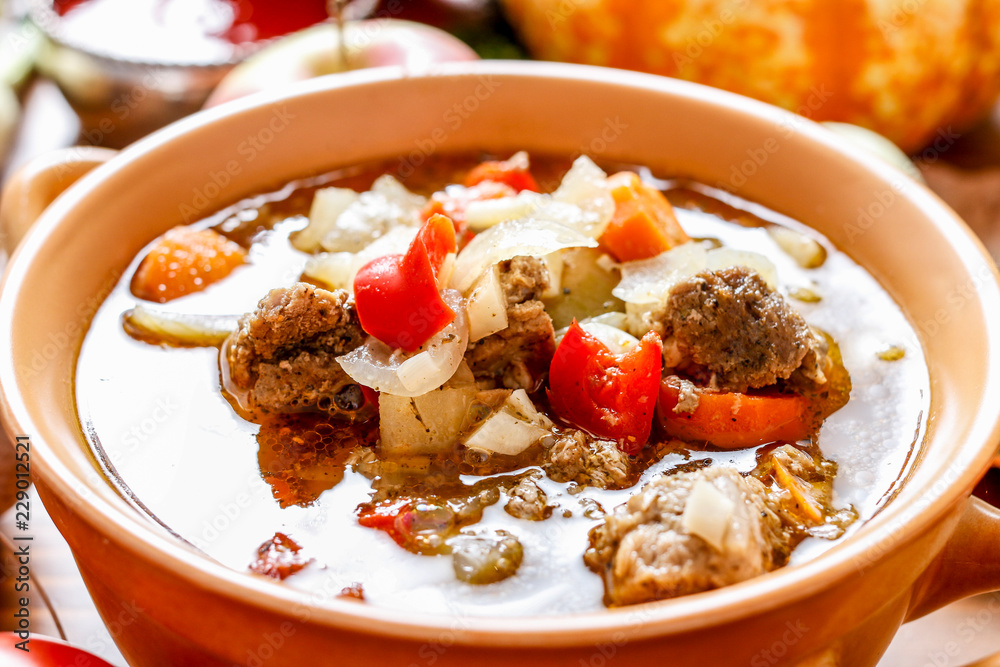 Goulash soup with fresh vegetables and meat. Goulash soup with fresh vegetables and meat.
