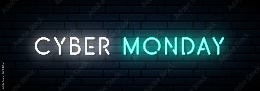 Cyber Monday neon sign. Long horizontal light banner . Vector bright signboard.