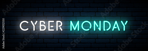 Cyber Monday neon sign. Long horizontal light banner . Vector bright signboard.
