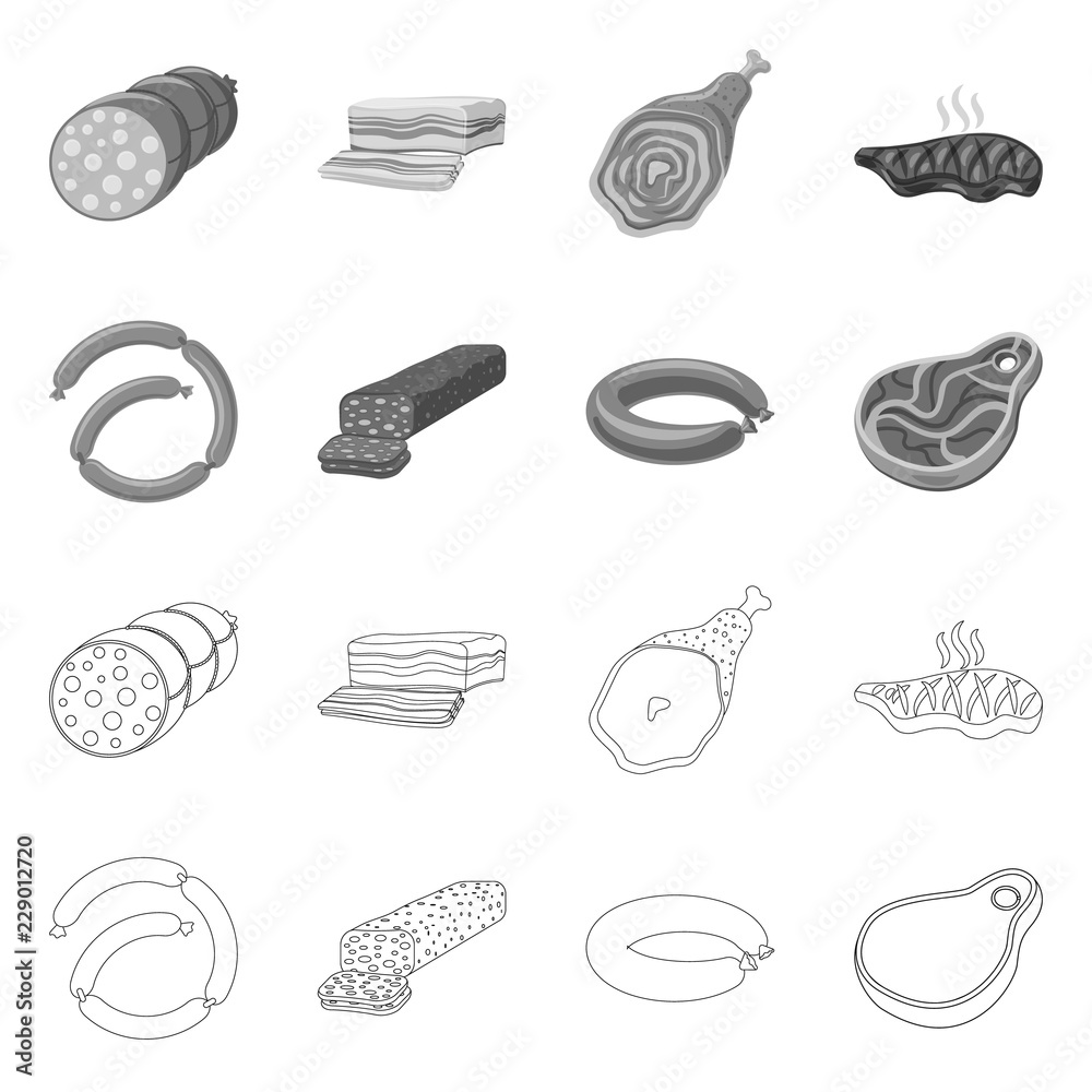Isolated object of meat and ham sign. Collection of meat and cooking vector icon for stock. Isolated object of meat and ham sign. Collection of meat and cooking vector icon for stock.