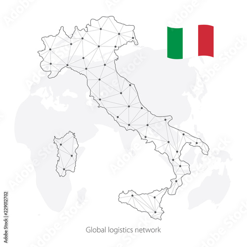 Global logistics network concept. Communications network map Italy on the world background. Map of Italy with nodes in polygonal style and flag. Vector illustration EPS10. 