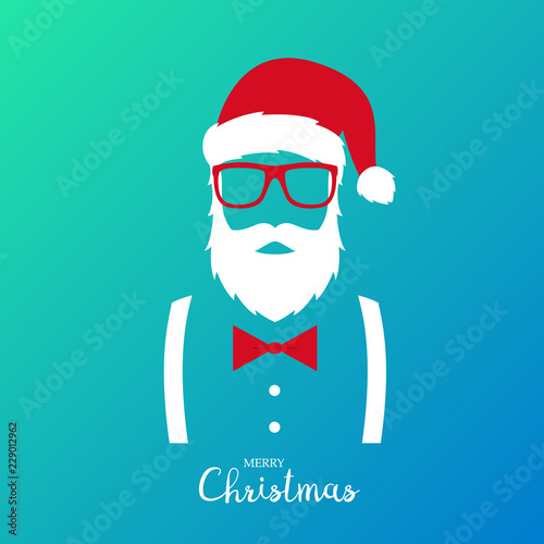 Hipster man wearing Santa Claus suit. Merry Christmas greeting banner. Vector illustration.