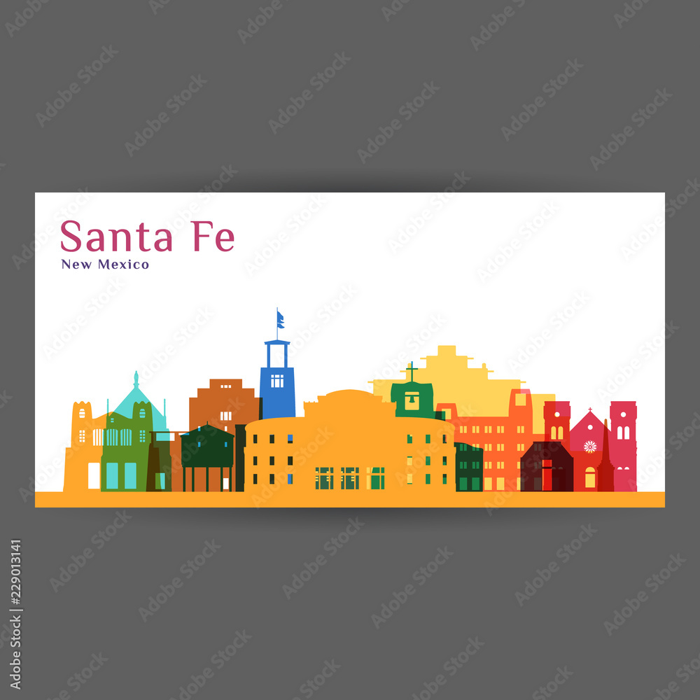 Santa Fe city architecture silhouette. Colorful skyline. City flat design. Vector business card.