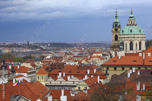 Prague view / panoramic landscape of the czech republic, Prague view with red roofs of houses from above, landscape in the European capital