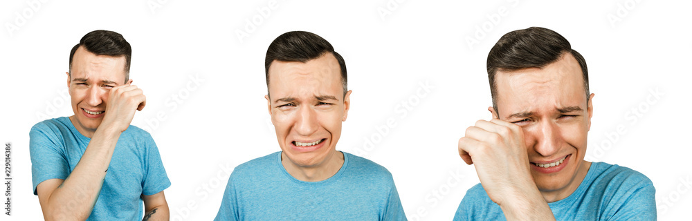 Set of portraits of young crying guy isolated on a white background. Set of portraits of young crying guy isolated on a white background.