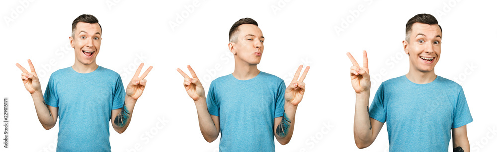 Set of portraits of young guy shows peace sign with fingers isolated on a white background. Set of portraits of young guy shows peace sign with fingers isolated on a white background.